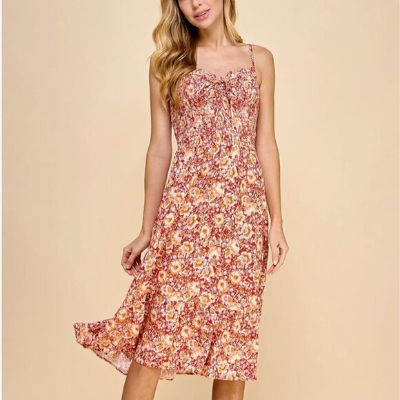 NEW! Cute Smocked Bodice Tie Front Boho Red Floral Spaghetti Strap Slip Dress - Picture 2 of 8